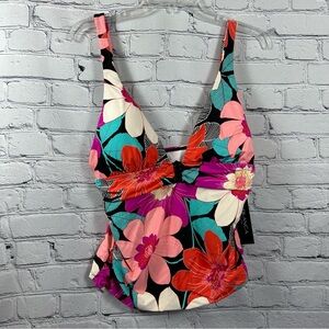La Blanca Knot Trim Tankini Swim Top V-Neck Tropical Floral Multicolor NWT
